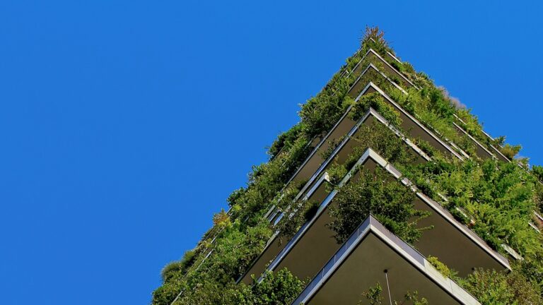 Stadtgebäude mit grüner Pflanzenfassade